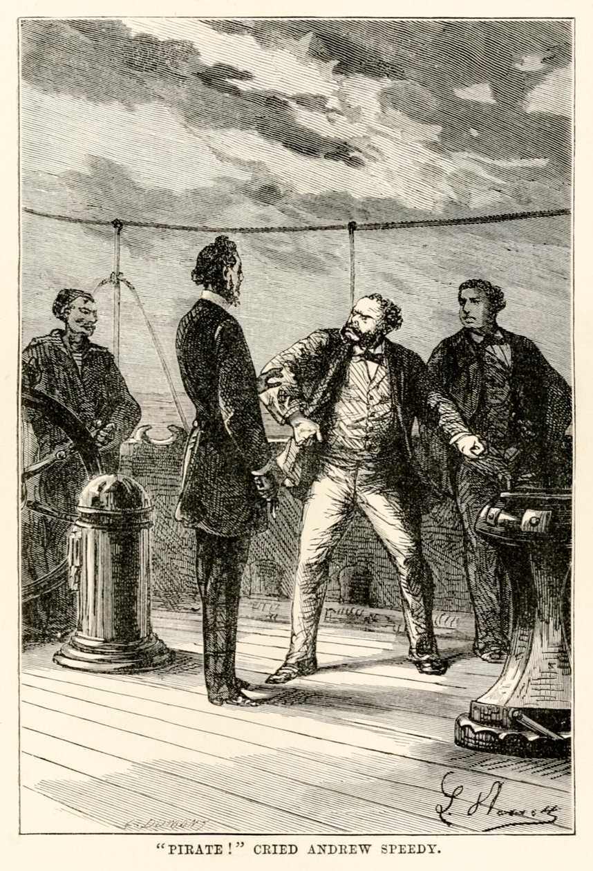 Pirate! cria Andrew Speedy., de Le Tour du Monde en Quatre-vingts Jours par Jules Verne (1828-1905) gravé par Louis Dumont (né en 1822), 1873 - Hippolyte Leon after Benett