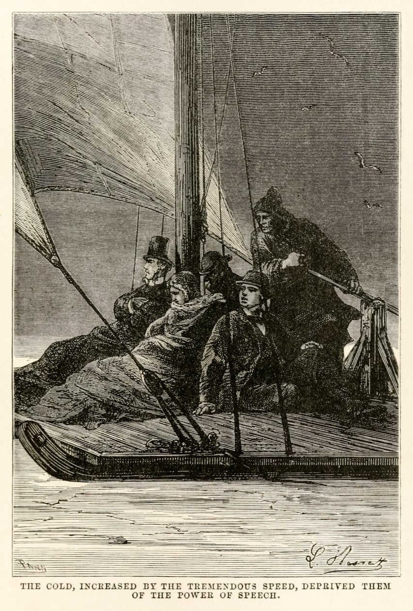Le froid, accru par la vitesse énorme, les priva de la parole, de Le Tour du Monde en Quatre-vingts Jours par Jules Verne (1828-1905) gravé par Adolphe François Pannemaker (1822-1900) - Hippolyte Leon after Benett