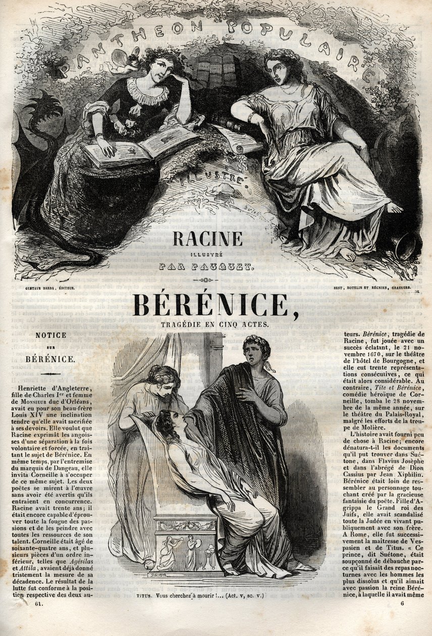 Bérénice tragédie en cinq actes - gravure dans « Œuvres de Jean Racine » illustrée par Pauquet et notice par Émile de La Bédollière - 1851 - Hippolyte Louis Pauquet