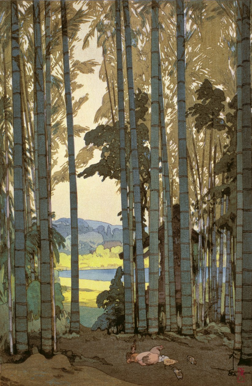Poules dans le bois de bambou - Hiroshi Yoshida