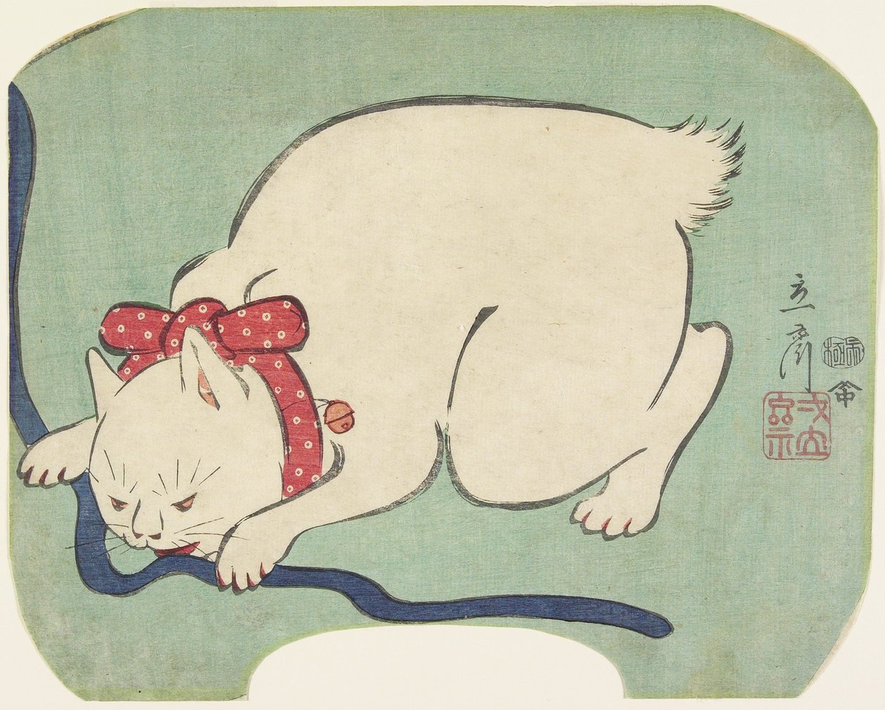 Un chat blanc jouant avec une ficelle, 1863 - Hiroshige II