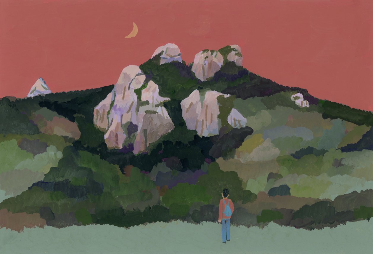Homme avec sac à dos voyageant dans les montagnes, 2015 - Hiroyuki Izutsu