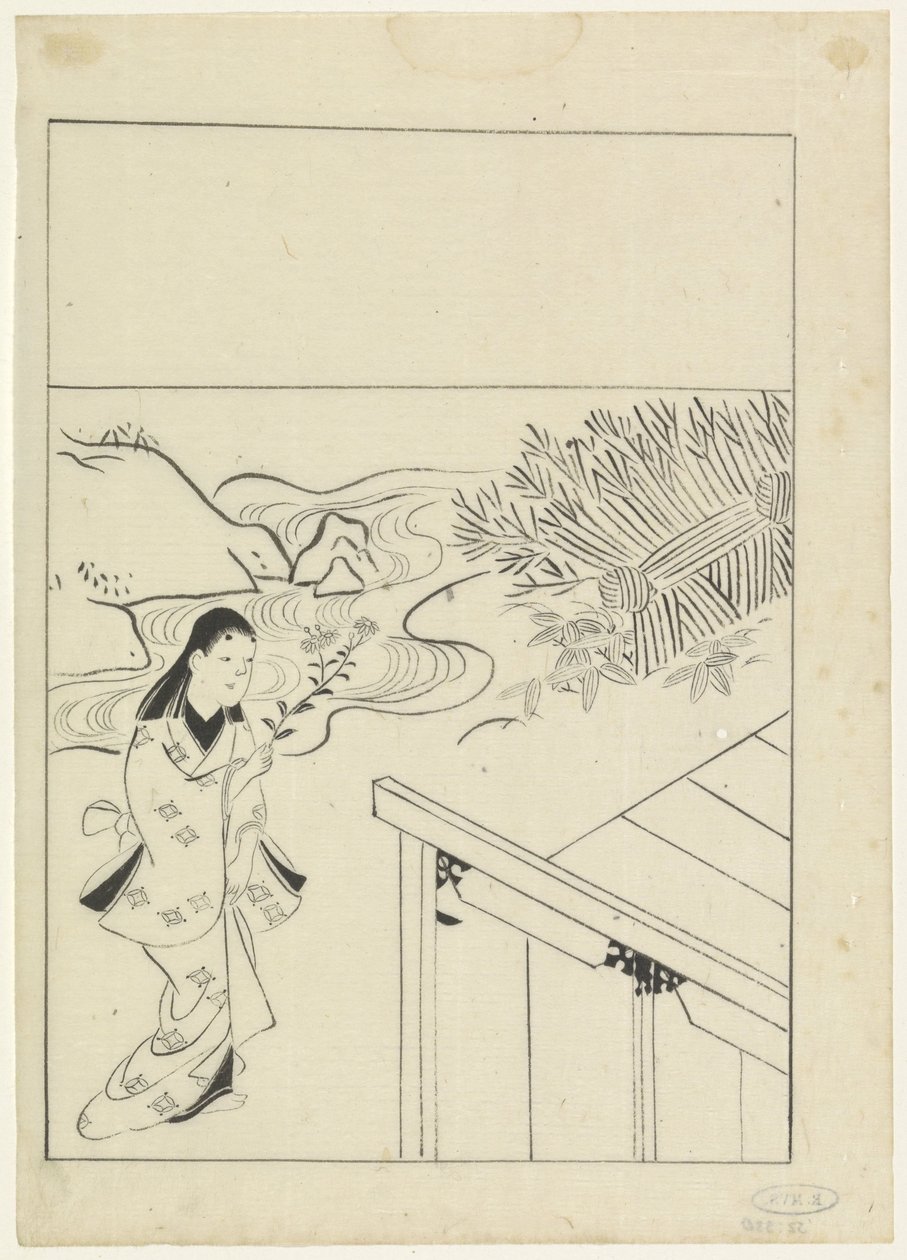 Paysage avec une femme tenant une branche de fleurs à la main - Hishikawa Moronobu