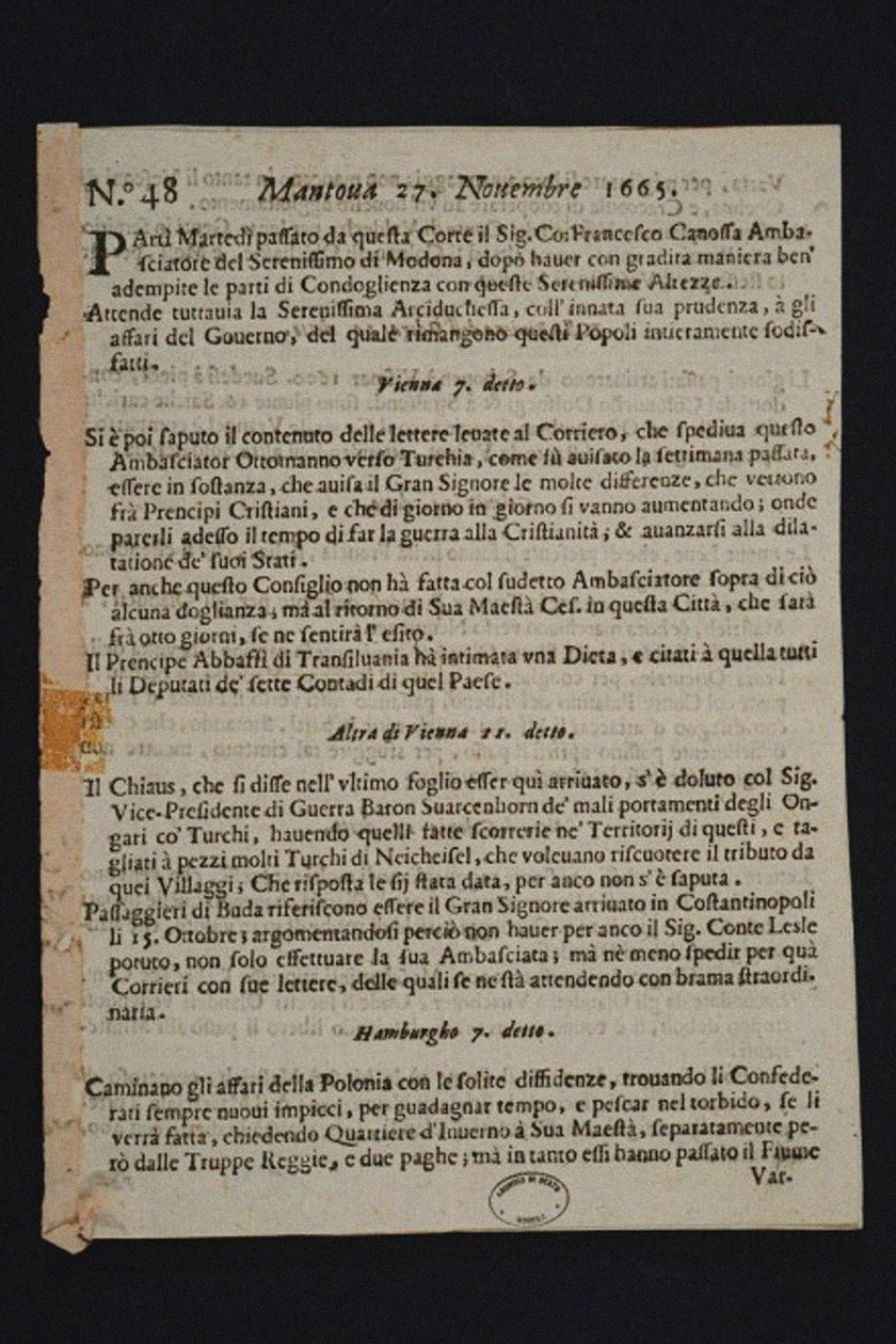 Gazzetta di Mantova - le plus ancien journal italien, 1665 - Historic Object