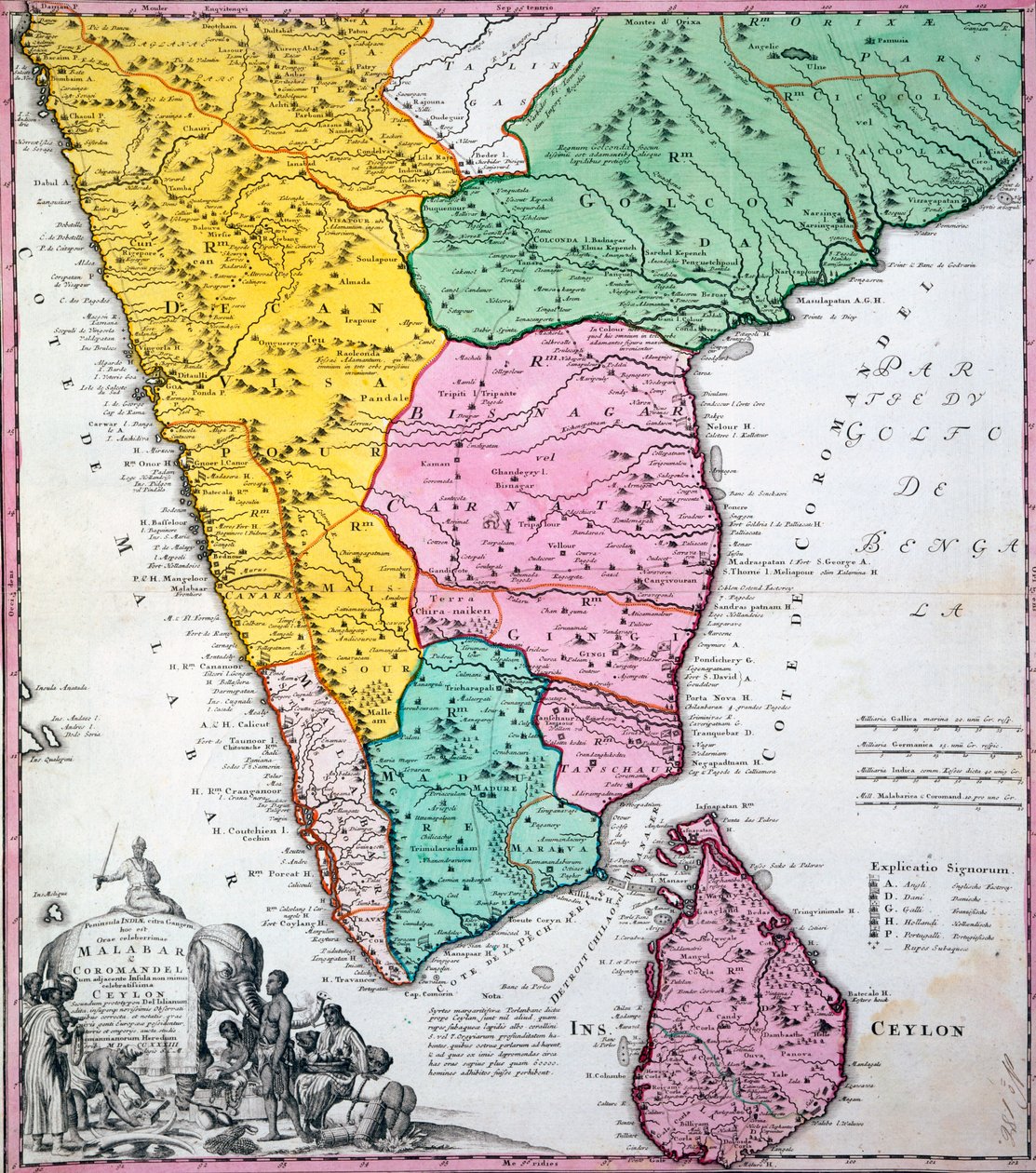 Carte de la péninsule indienne, 1733 (gravure en couleur) - Homann Heirs Company