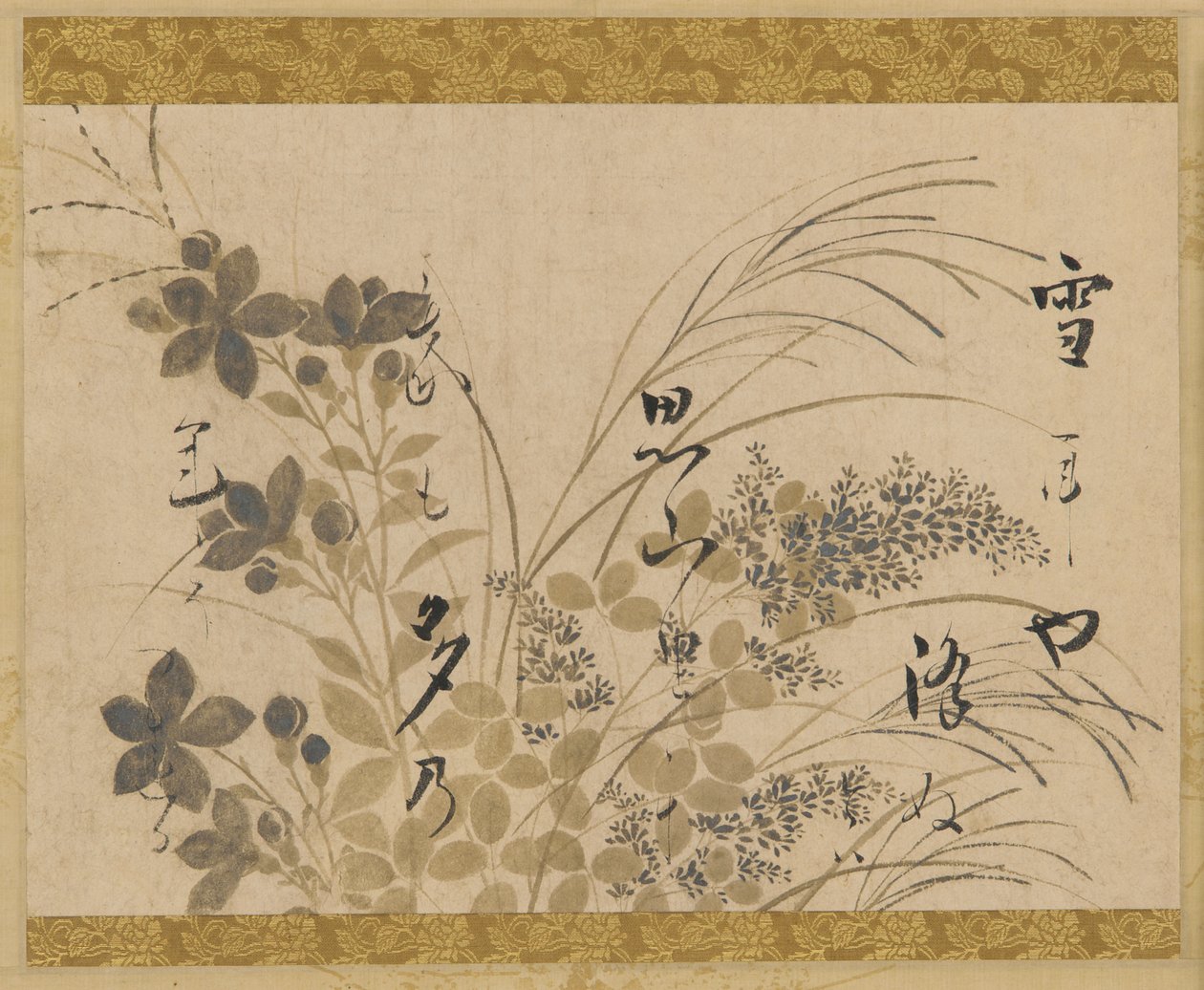 Fleurs, herbes et un poème, période Edo, 1615-1637 - Hon
