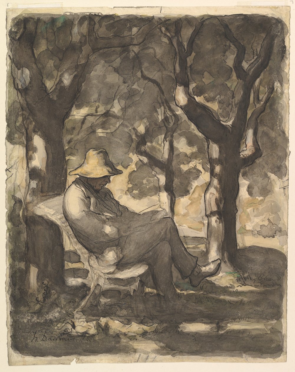 Un homme lisant dans un jardin recto, croquis préliminaire pour un homme lisant dans un jardin verso, vers 1865 - Honoré Daumier