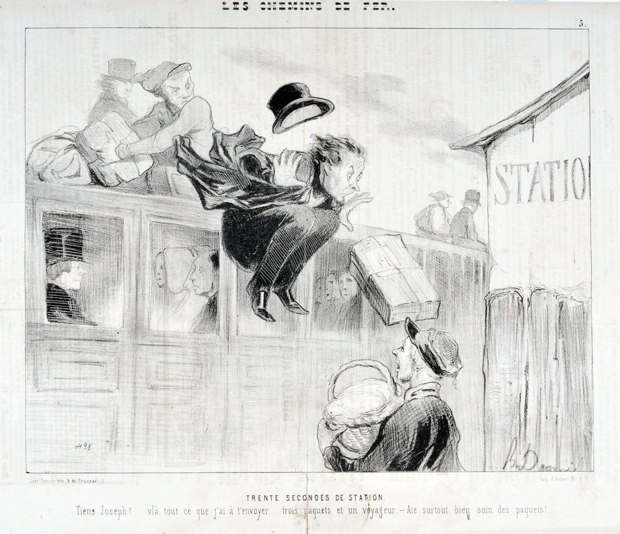 Œuvre de Honoré Daumier (1808-1879). Charivari daté de 1843 : Série LES Chemins de fer Trente secondes de station « - Tiens Joseph ! voilà tout ce que j