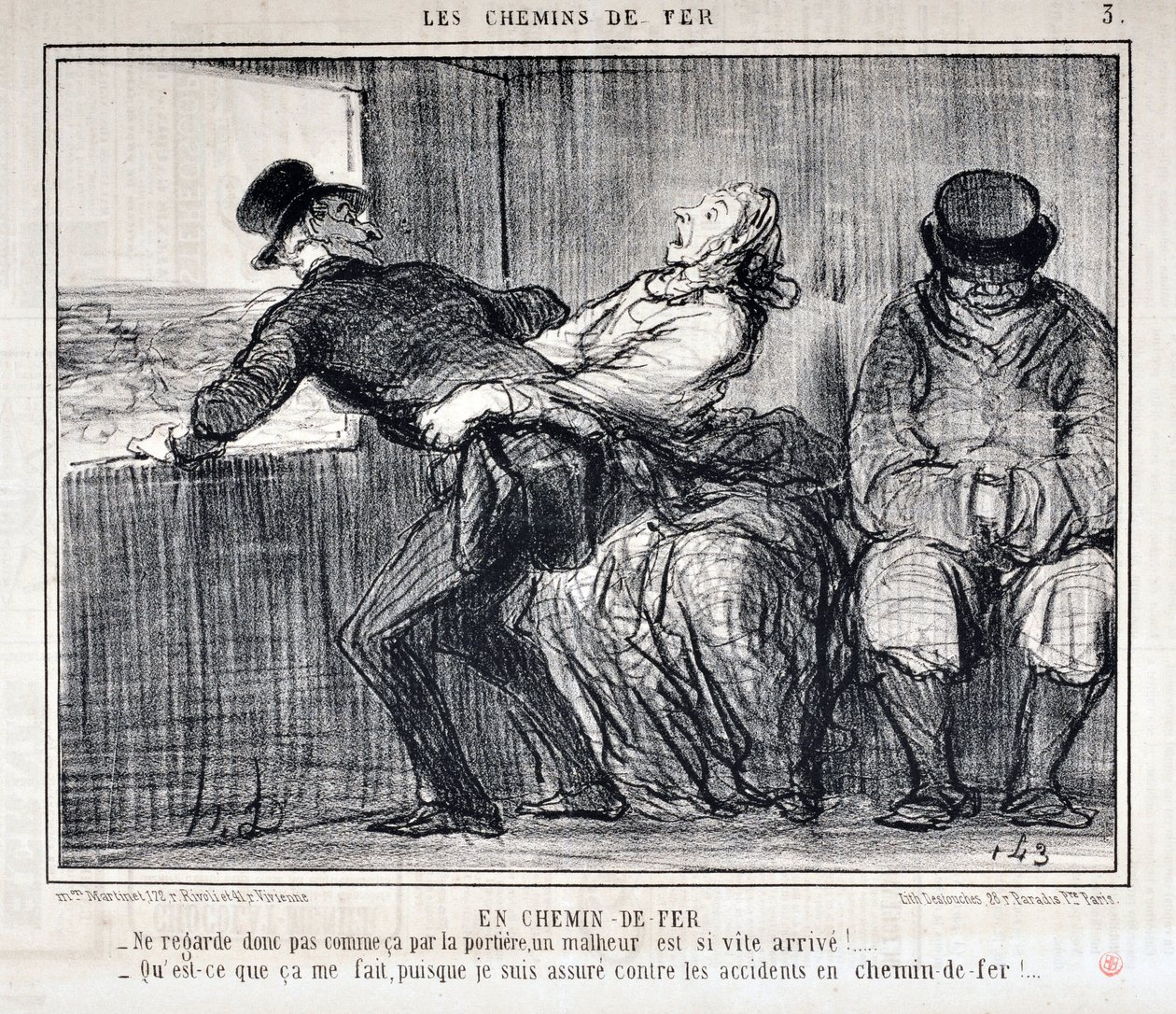 Œuvre de Honoré Daumier (1808-1879). Charivari date de 1858 : Série LES CHEMINS DE FER. Par chemin de fer - Ne regarde pas comme ça par la porte, un malheur arrive si vite !... - Qu