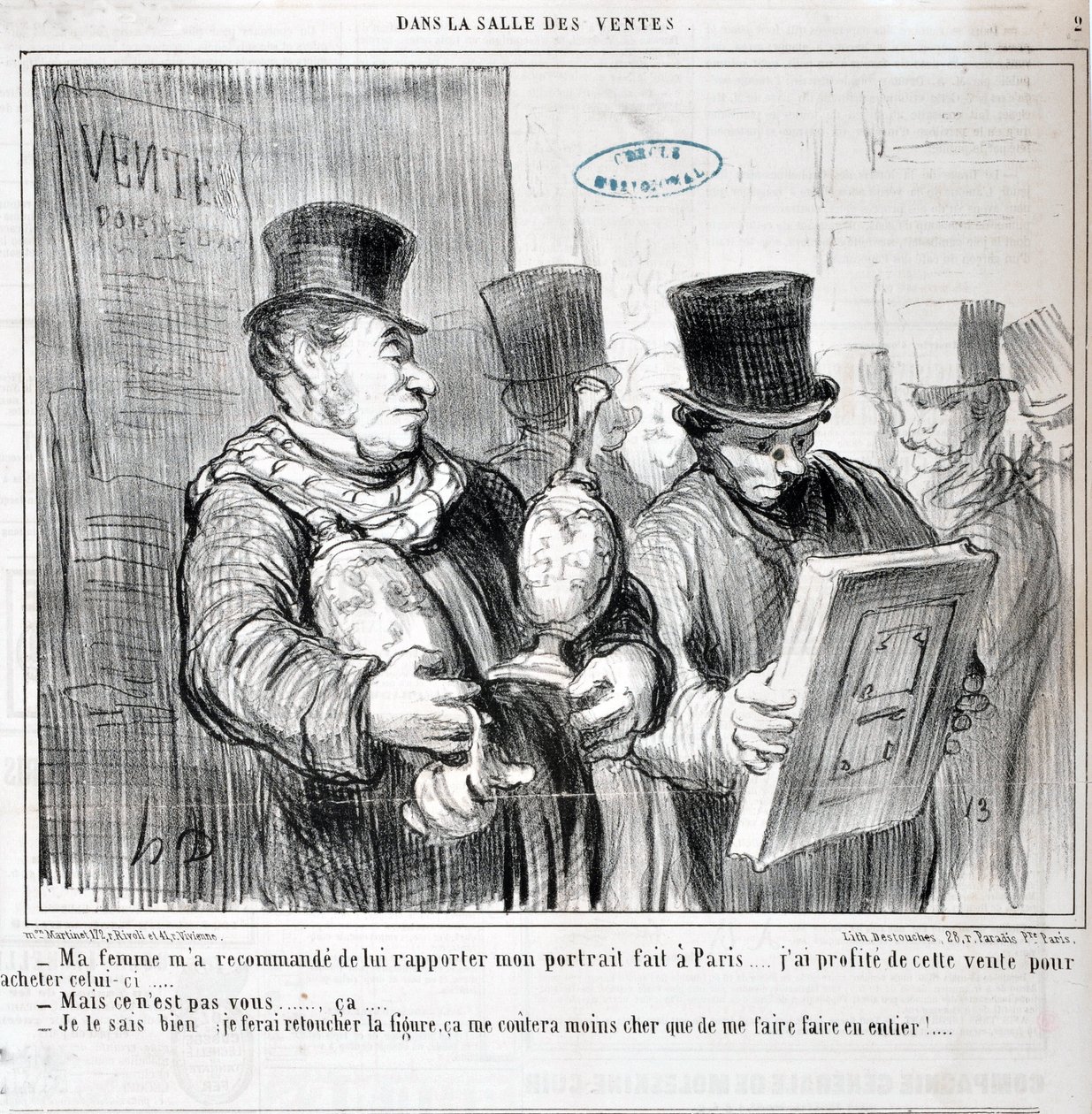 Œuvre de Honoré Daumier (1808-1879). Charivari date de 1859 : Série DANS LA VENTE « - Ma femme m