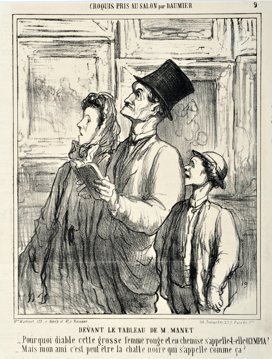 Œuvre de Honoré Daumier (1808-1879) Charivari date de 1865 : Série CROQUIS PEINT AU SALON Devant un tableau de Manet - Pourquoi diable cette grosse femme rouge et en chemise s