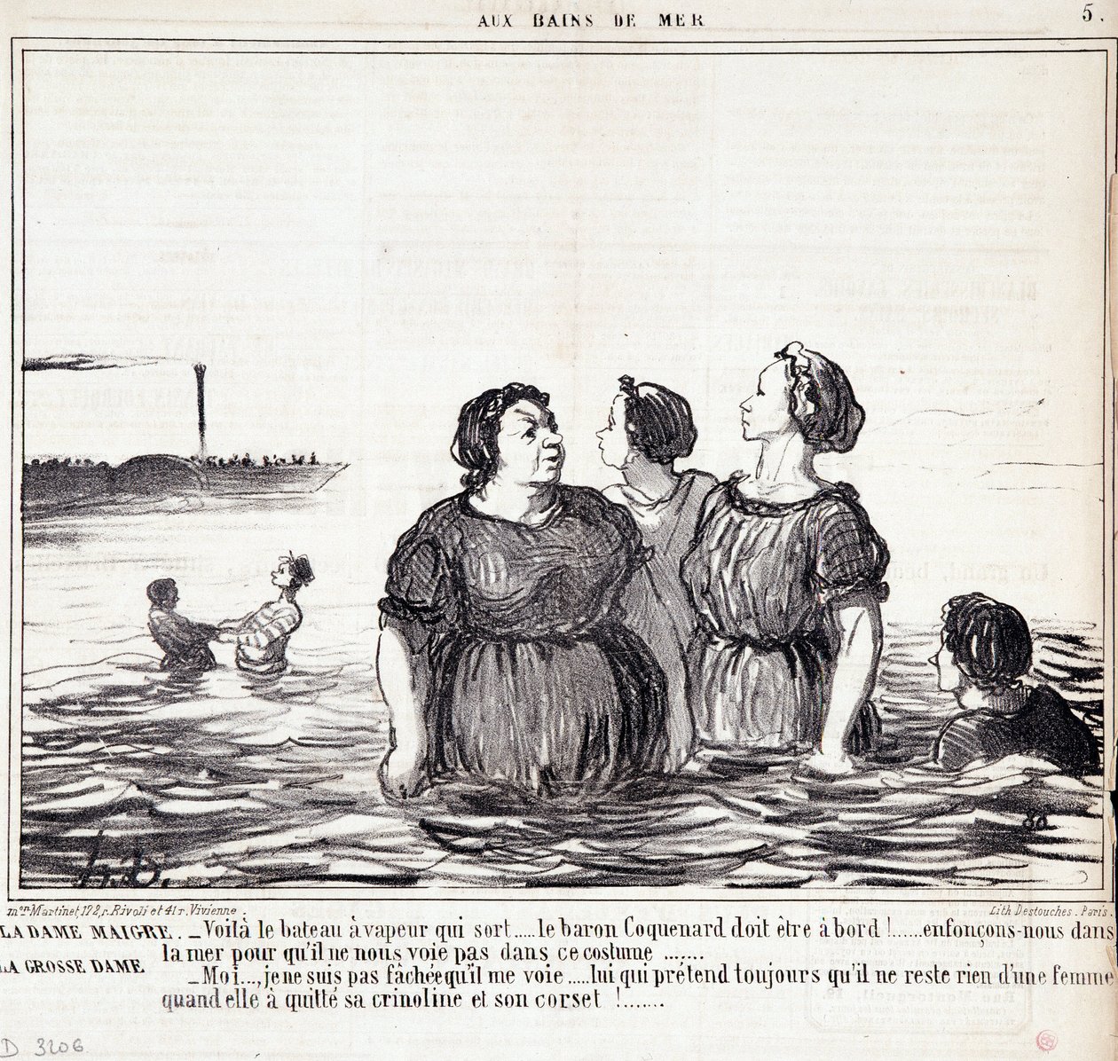 Caricature sur les apparences et la mode. Série « Les Bains de Mer » : « La dame maigre (...), la dame grosse (...) ». Gravure par Honoré Daumier (1808-1879). Extrait du journal « Le Charivari » du 16 septembre. - Honoré Daumier