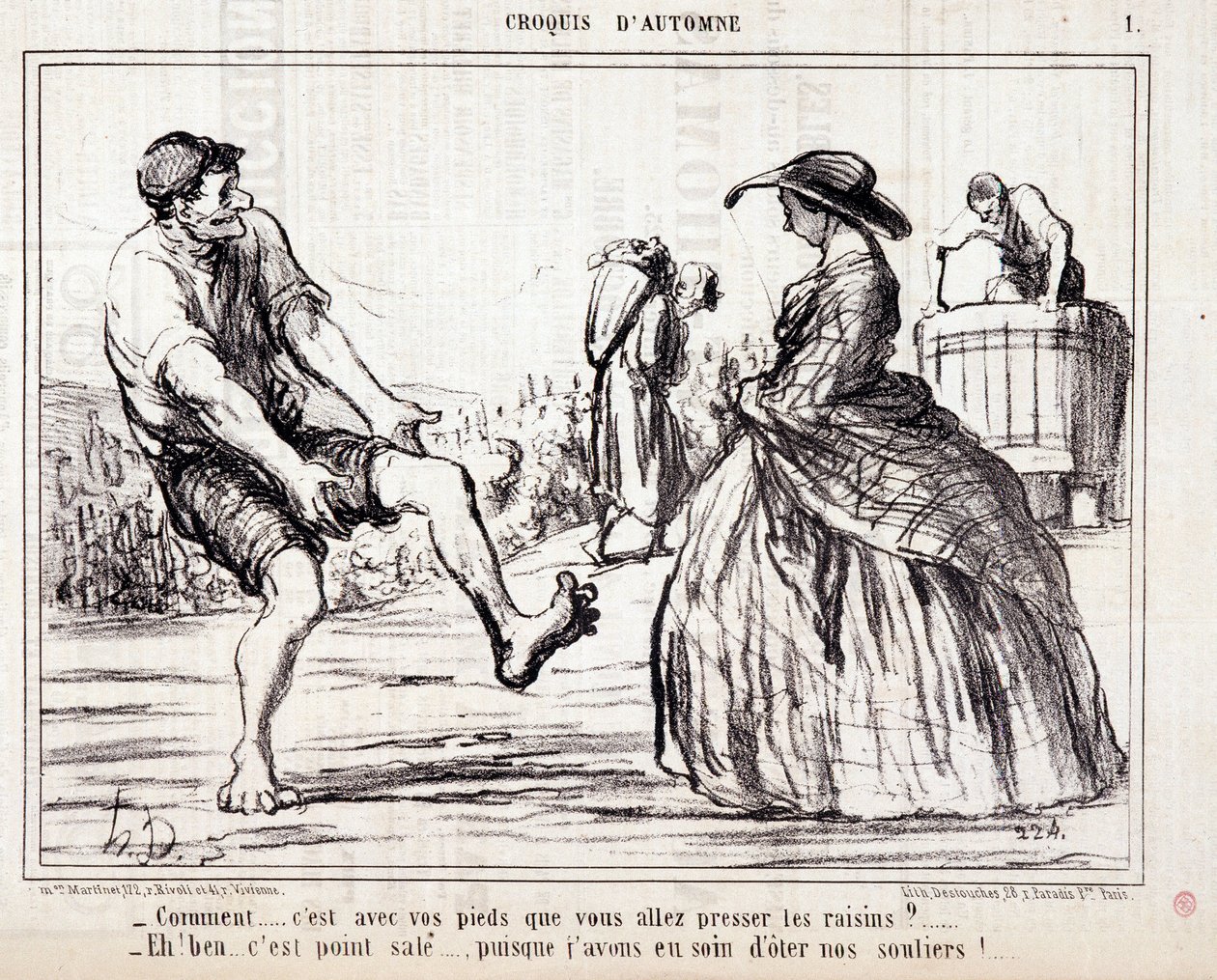 Caricature sur les vendangeurs foulant les raisins pieds nus. Série 