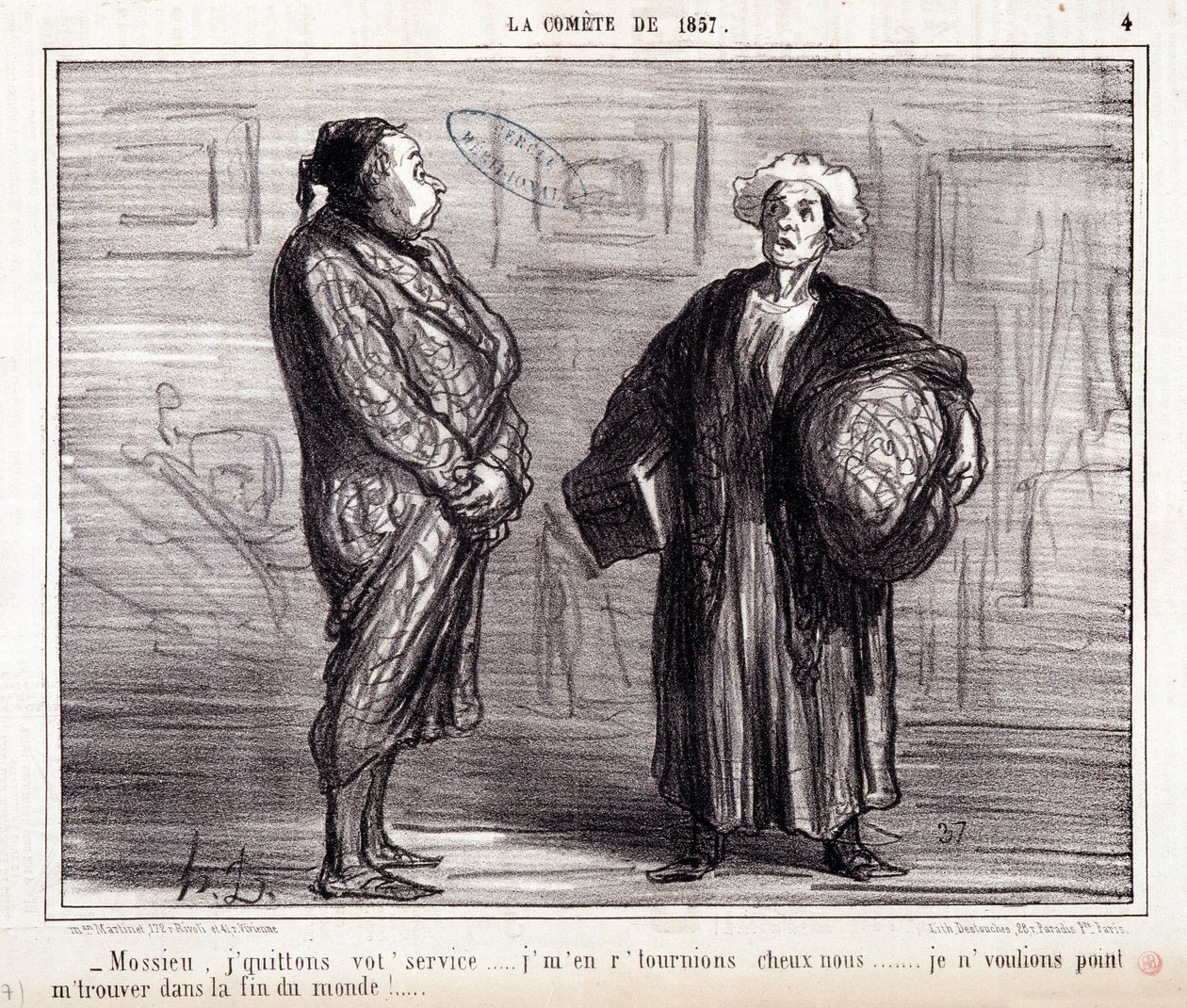 Caricature sur la science. Série sur la comète de 1857 : Mossieu, je quitte votre service... Gravure par Honoré Daumier (1808-1879). Extrait du journal Le Charivari du 13 mars - Honoré Daumier