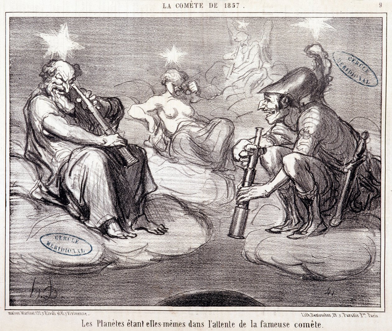 Caricature sur la science. Série sur la comète de 1857 : Les planètes attendent elles-mêmes la fameuse comète. Gravure par Honoré Daumier (1808-1879), 25 mars - Honoré Daumier