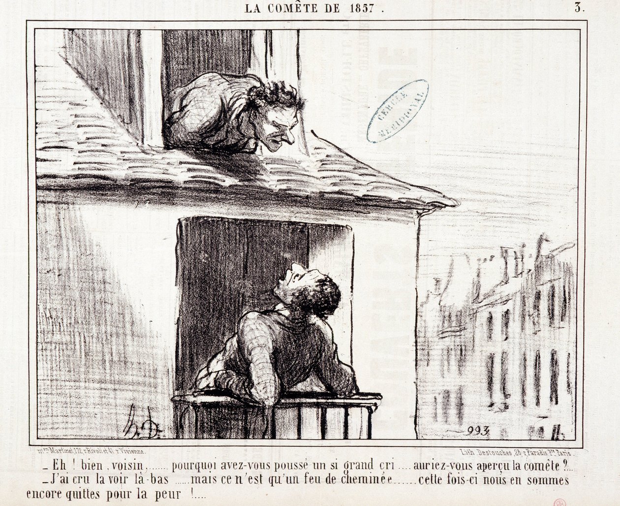 Caricature sur la science. Série sur « la Comète de 1857 » : « Eh bien voisin... pourquoi avez-vous poussé un si grand cri... » Gravure par Honoré Daumier (1808-1879). Extrait du journal « Le Charivari » du 11 mars - Honoré Daumier