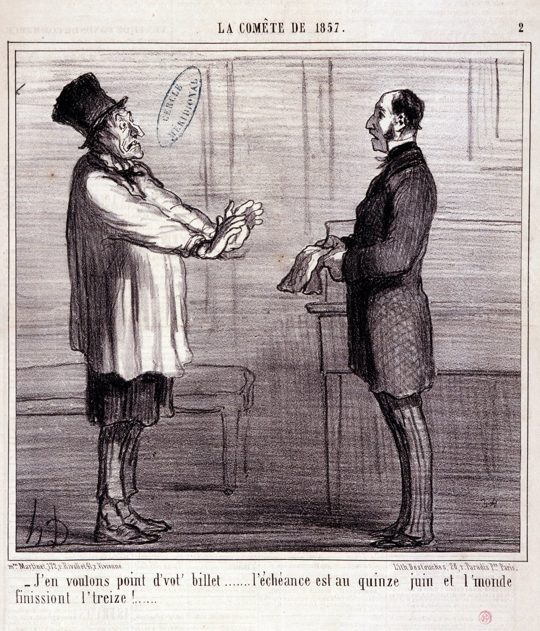 Caricature sur la science. Série sur « La Comète de 1857 » : « Je ne veux pas de billet... ». Gravure par Honoré Daumier (1808-1879). Extrait du journal « Le Charivari » du 4 mars. - Honoré Daumier