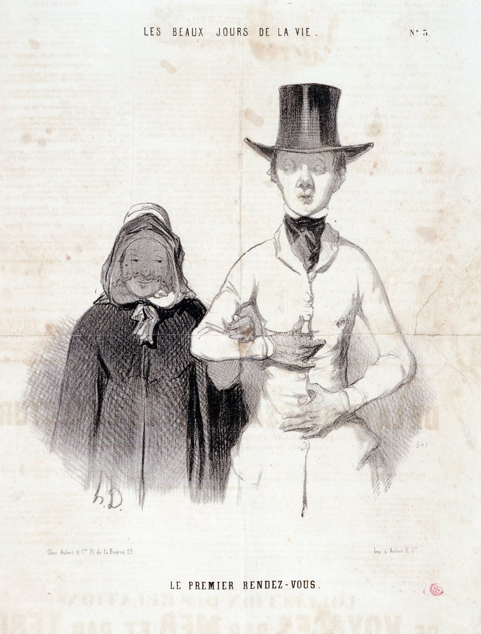 Caricature sur le couple. Série « Les Beaux Jours de la Vie » : « Le premier rendez-vous ». Gravure par Honoré Daumier (1808-1879). Extrait du journal « Le Charivari » du 2-3 janvier. - Honoré Daumier