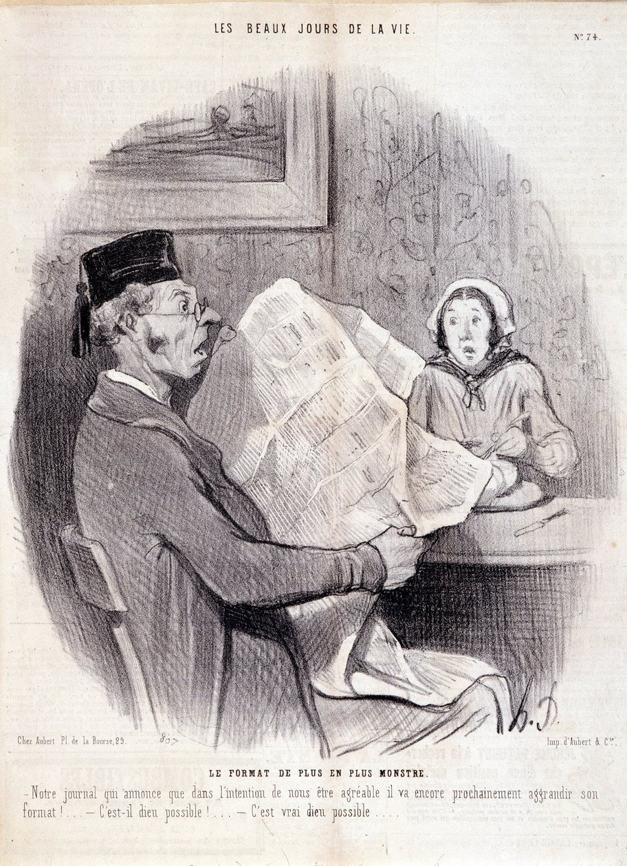 Caricature sur la presse. Série « Les beaux jours de la vie » : « Le format de plus en plus monstrueux... ». Gravure par Honoré Daumier (1808-1879). Extrait du journal « Le Charivari » du 18 octobre - Honoré Daumier