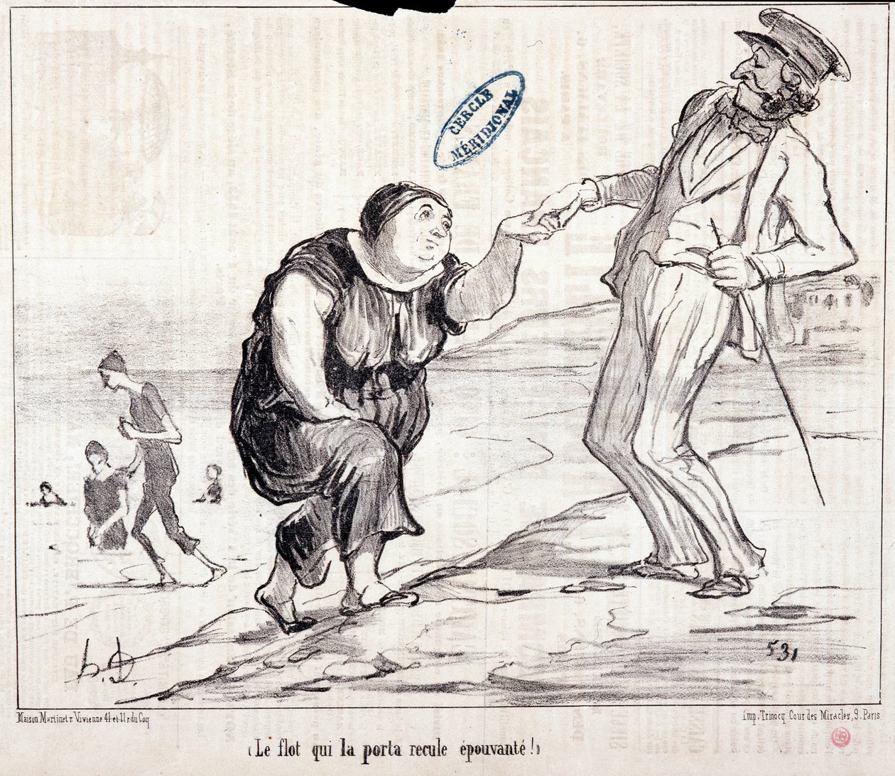 Caricature sur les touristes en vacances. Série Aux Bains de Mer : L