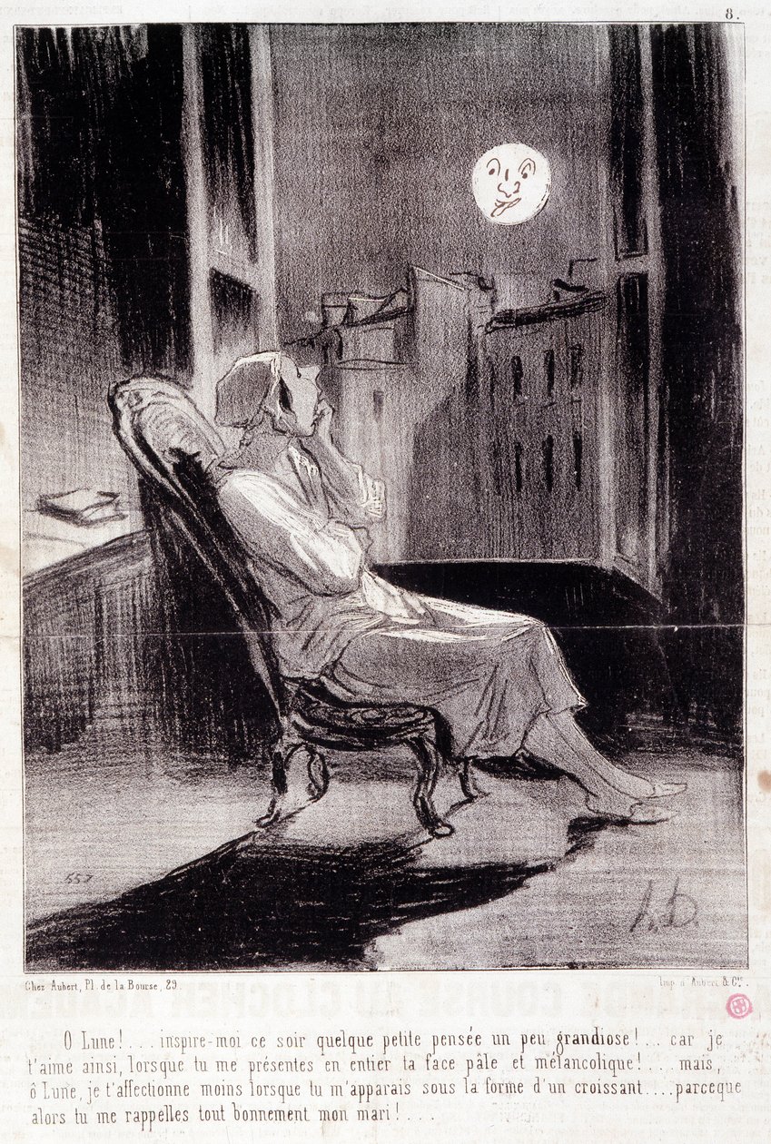 Caricature sur les femmes écrivains. Série « Bas Bleus » : « Ô ! Lune, inspire-moi ce soir... ». Gravure par Honoré Daumier (1808-1879). Extrait du journal « Le Charivari » du 28 février. - Honoré Daumier