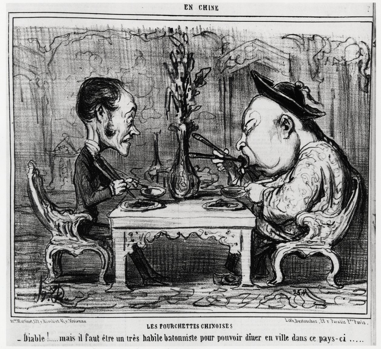 Fourchettes chinoises : « Diable ! mais il faut être un très habile bâtonniste pour pouvoir dîner en ville dans ce pays. », dans la série En Chine, illustration par Honoré Daumier (1808-1879), publié dans « Charivari » - Honoré Daumier