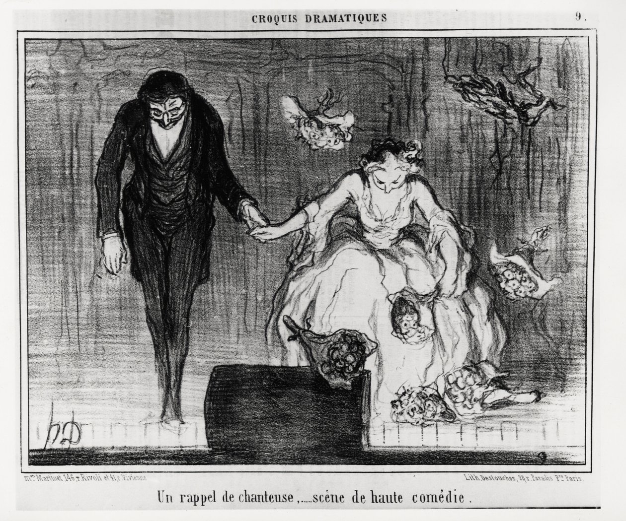 Esquisses dramatiques : un rappel de chanteur, scène de haute comédie. Illustration par Honoré Daumier (1808-1879), publiée dans « Charivari », datée du 9 janvier - Honoré Daumier