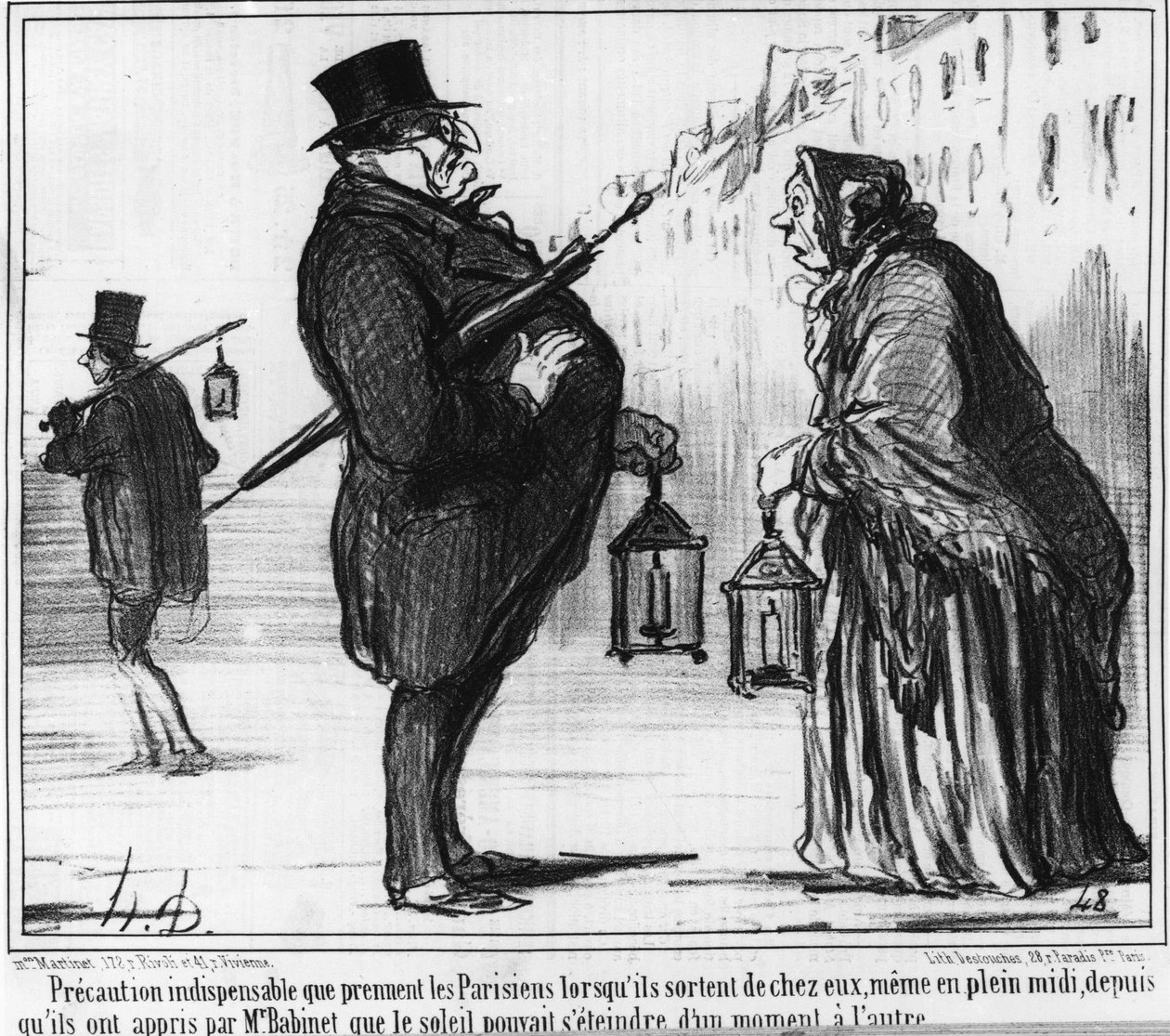 Précaution indispensable que les Parisiens prennent en quittant leur domicile, même en plein midi, depuis que Monsieur Babinet leur a appris que le soleil pouvait s
