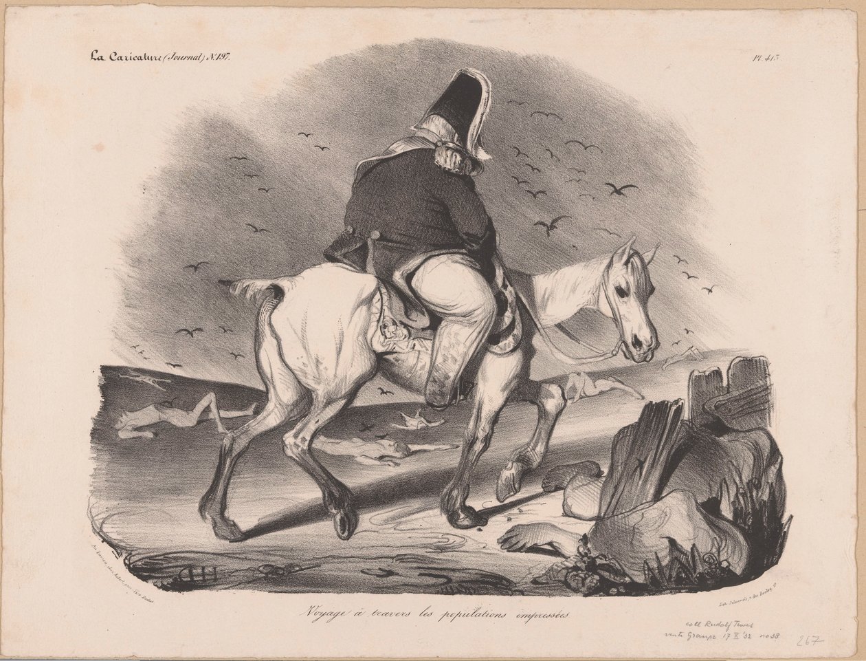 Caricature de Louis-Philippe Ier, roi de France, à cheval parmi les cadavres (Voyage à travers les populations empressées) - Honoré Daumier