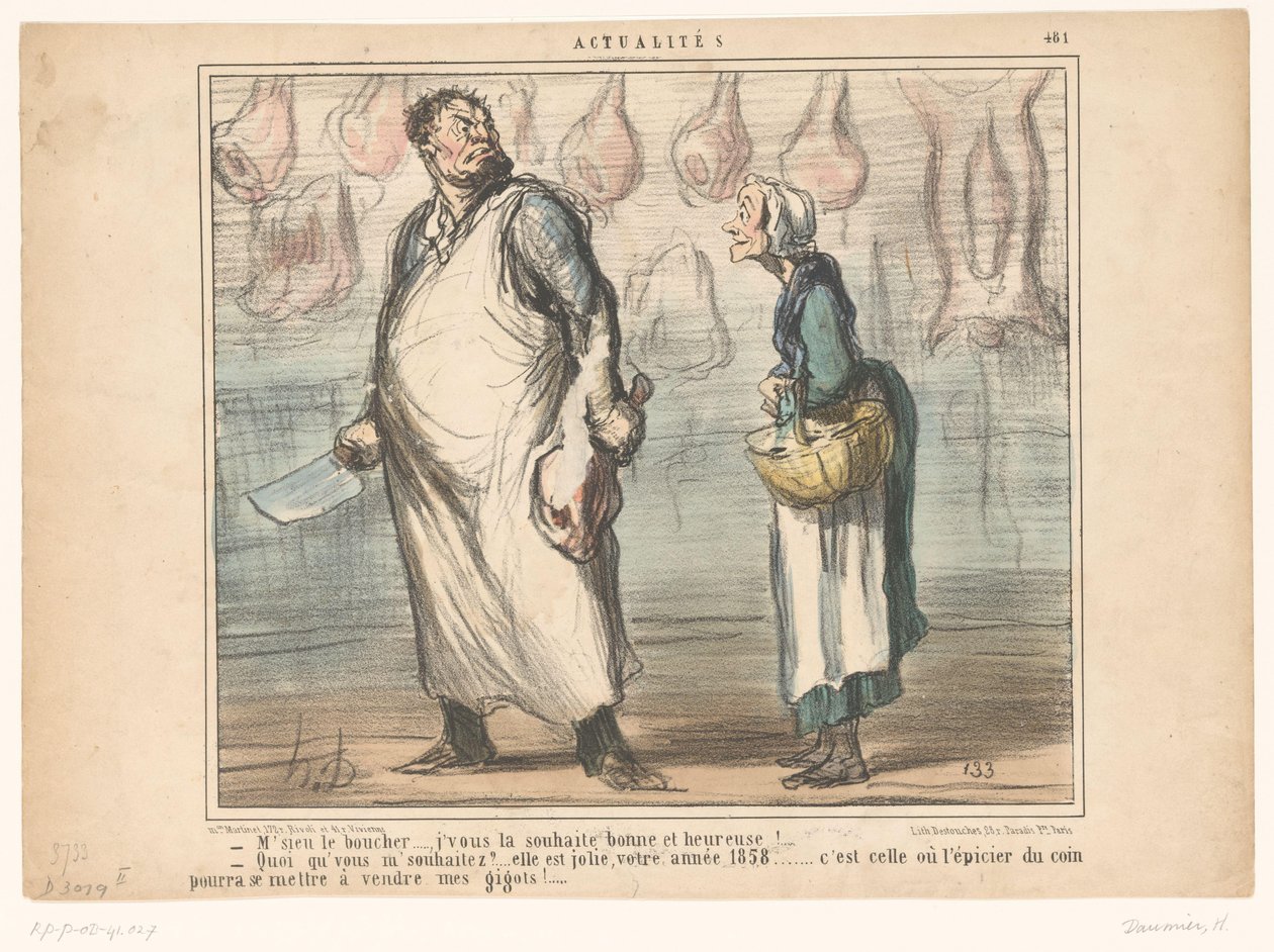 Vieille femme parlant à un boucher
M