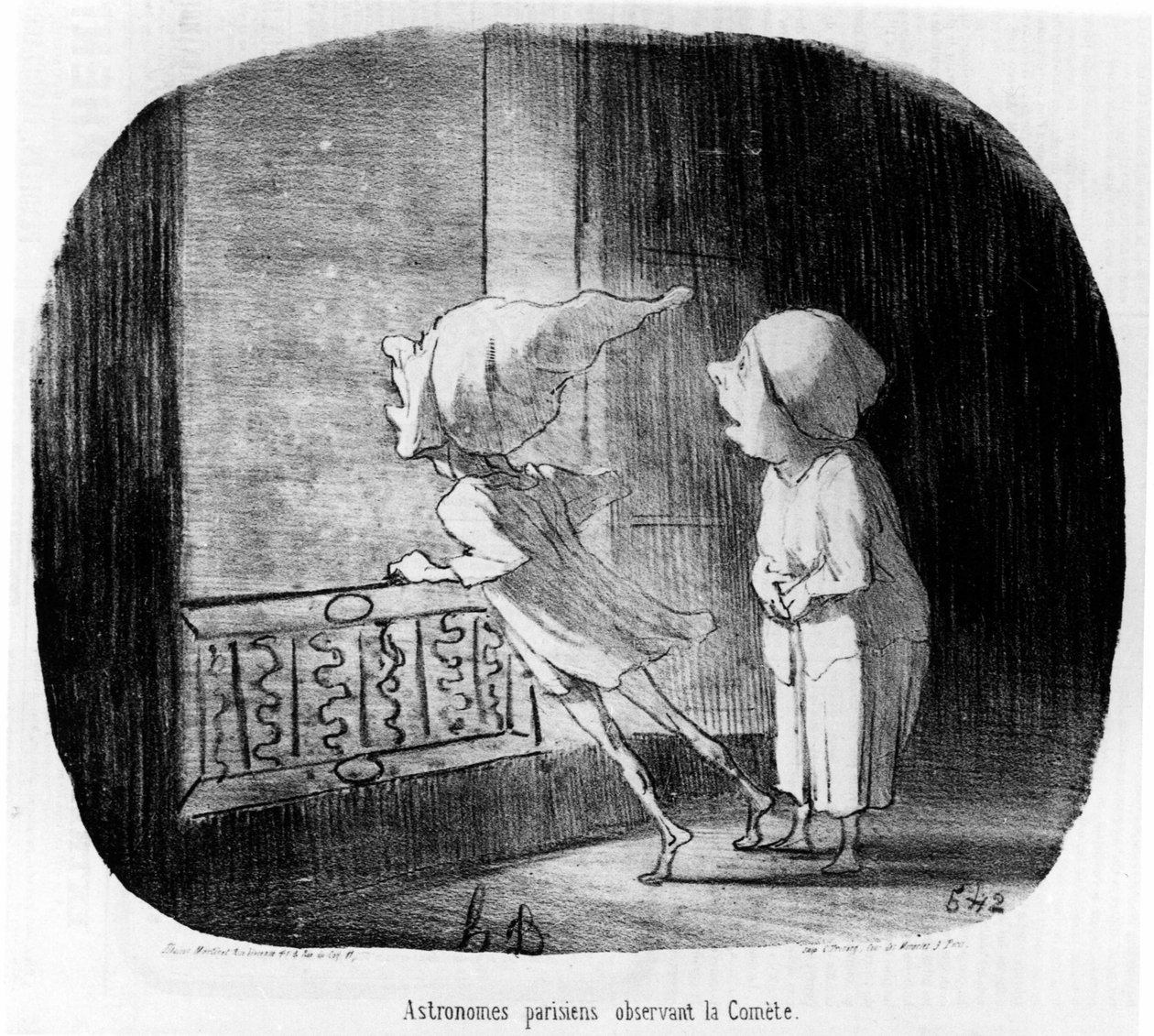 Astronomes parisiens observant la comète, tiré de Astronomie, série de caricatures sur les astronomes et la comète par Honoré Daumier. Charivari - Honoré Daumier