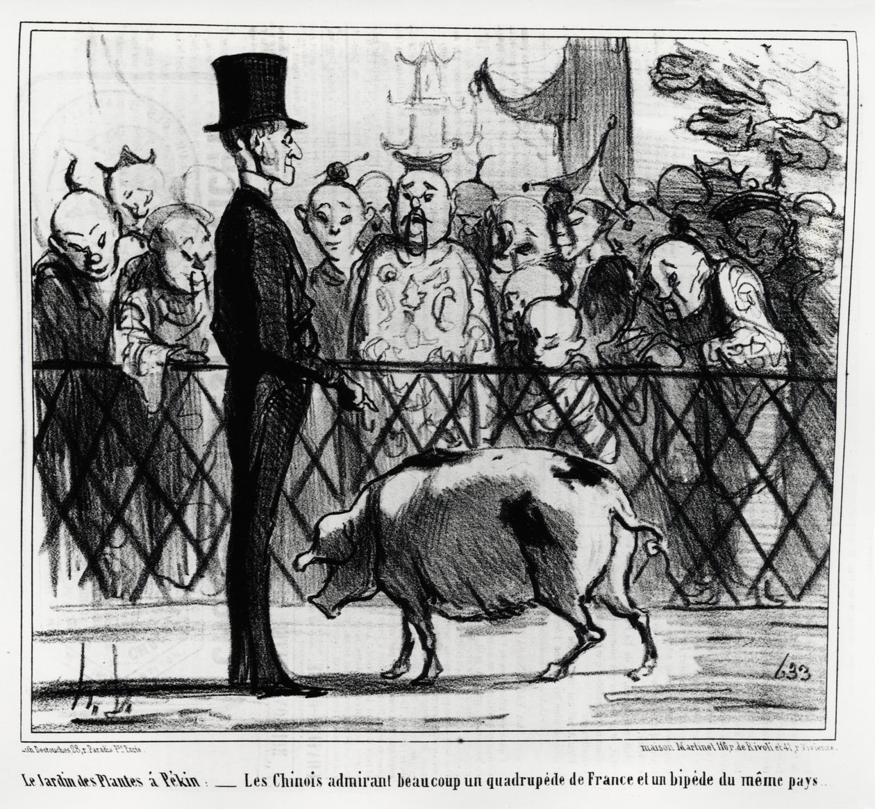 Le jardin des plantes à Pékin : les Chinois admirant un quadrupède de France et un bipède du même pays. Illustration par Honoré Daumier (1808-1879), publiée dans Charivari, Chine Actualités - Honoré Daumier