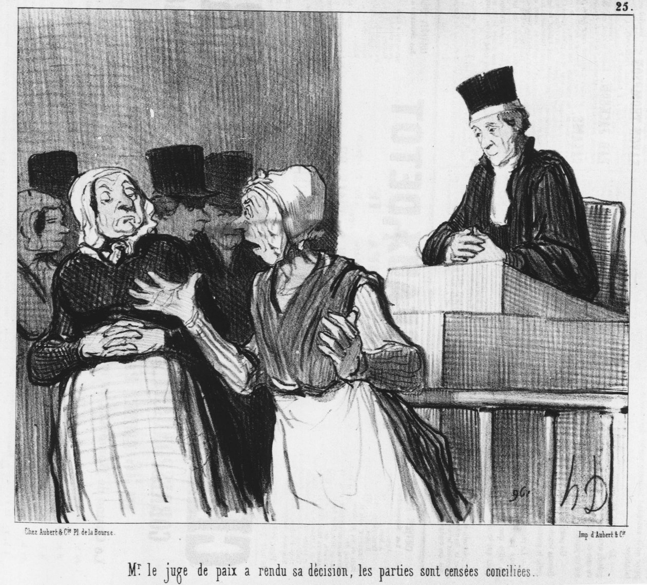 Le juge de paix a rendu sa décision, les parties sont censées être réconciliées..., caricature par Honoré Daumier. Charivari - Honoré Daumier