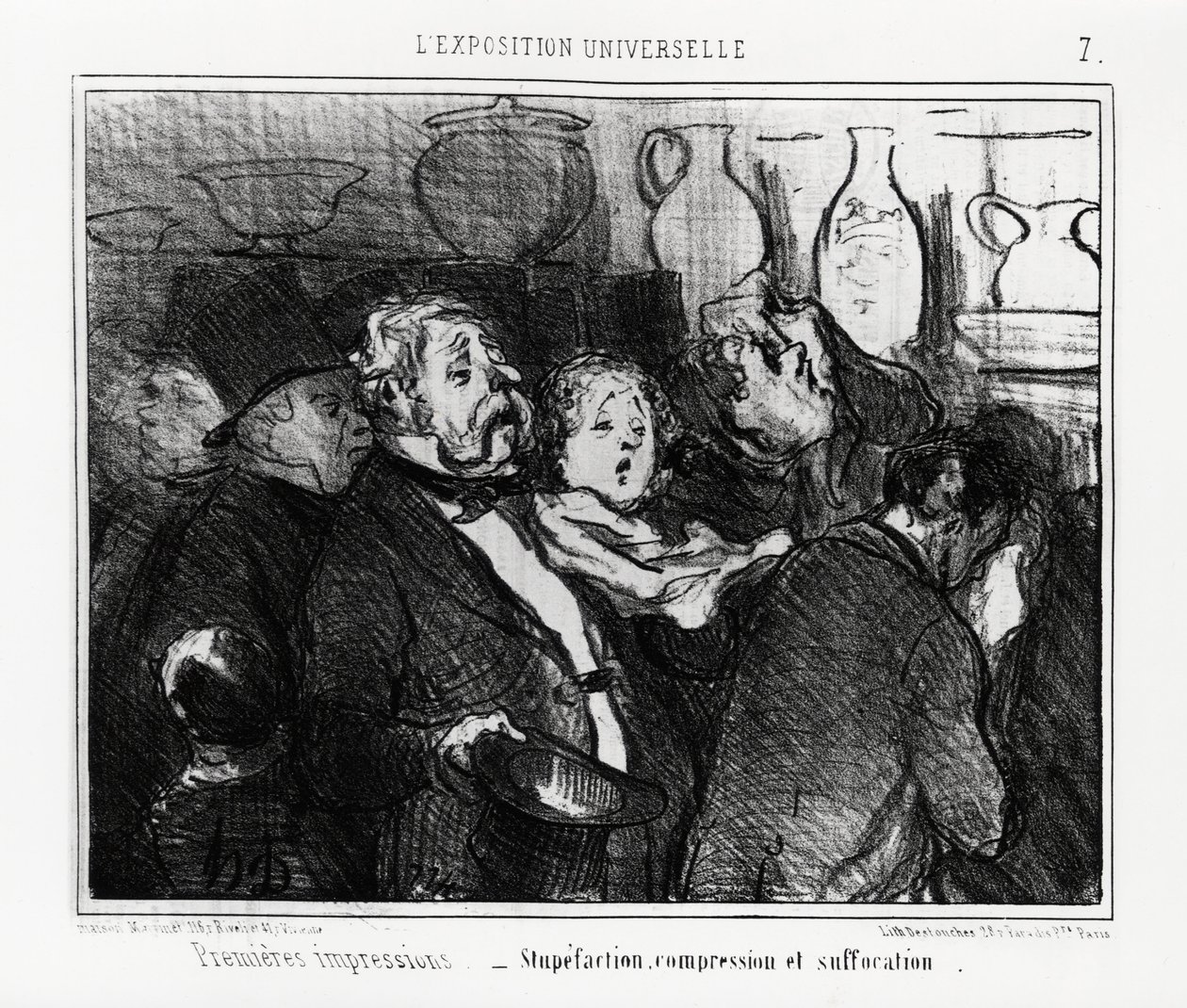 Exposition universelle : premières impressions : stupéfaction, compression et suffocation. Illustration par Honoré Daumier (1808-1879), publiée dans les nouvelles, « Charivari », datée du 24 mai 1855 - Honoré Daumier