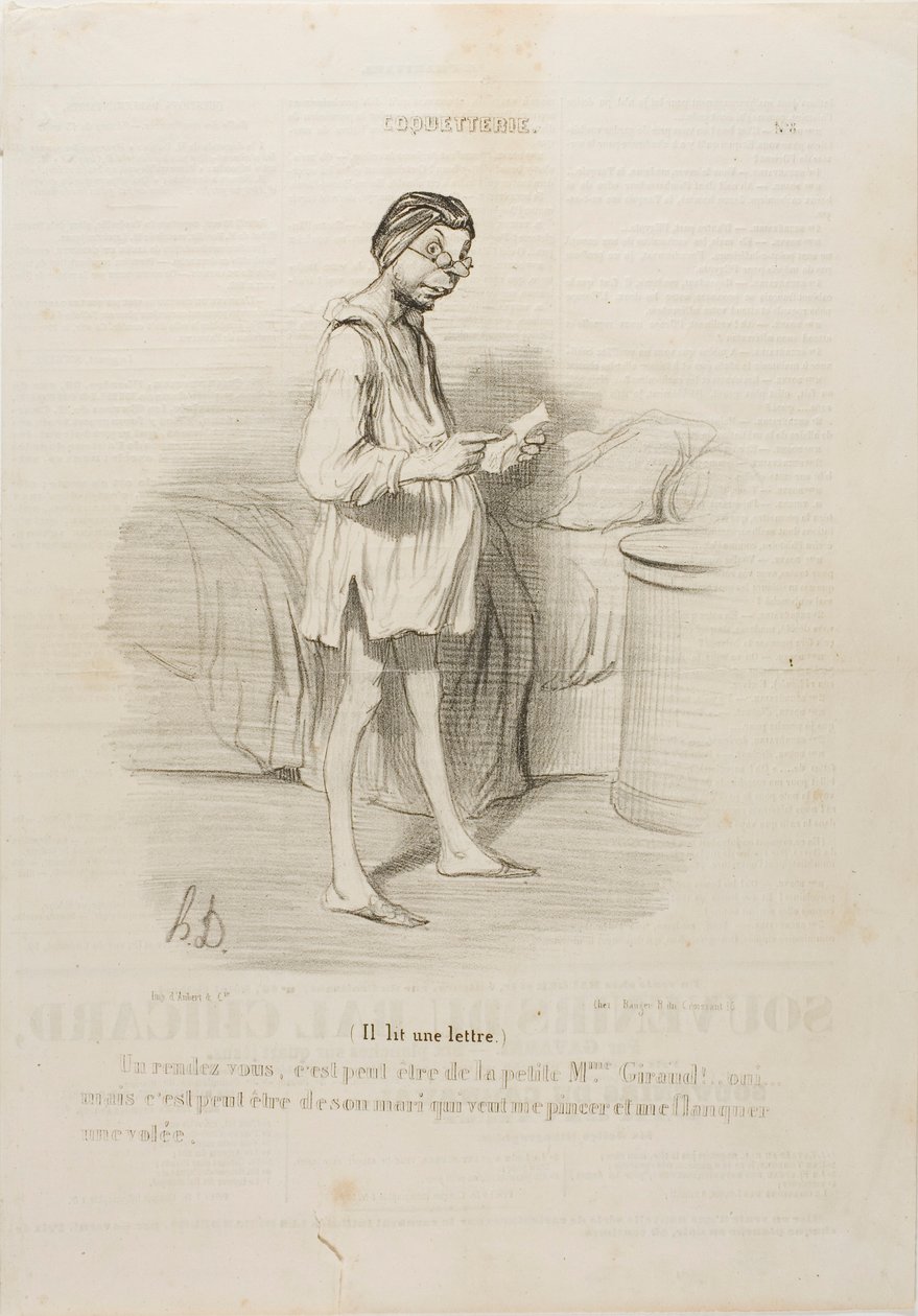 (Il lit une lettre) "Un rendez-vous, ce serait de la part de la jolie Mme Giraud  Oui, mais ça peut aussi venir de son mari qui veut me pincer...", planche 8 de la Coquetterie - Honoré Victorin Daumier