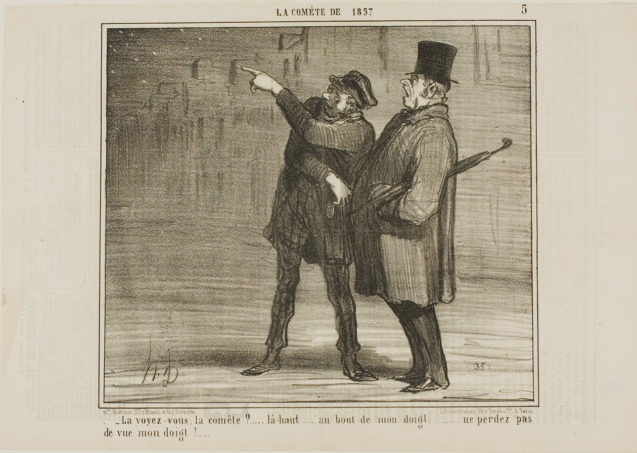 "- Voyez-vous la comète ... juste là, au bout de mon doigt... ne perdez pas de vue le bout de mon doigt !", planche 5 de La Comète De 1857 - Honoré Victorin Daumier