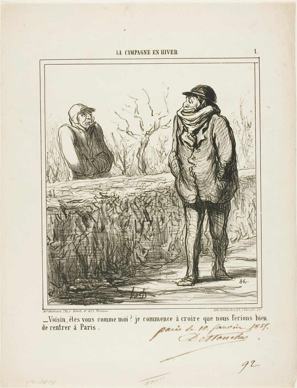 "- Bonjour, voisin, êtes-vous comme moi  Je commence à croire que nous ferions bien de retourner à Paris", planche 1 de La Campagne En Hiver - Honoré Victorin Daumier