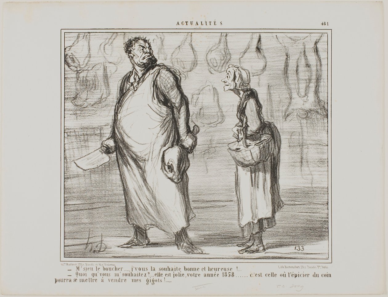 "- Monsieur le boucher, je vous souhaite une bonne et heureuse année... - Quoi  Elle va être belle, cette année 1858... tous les épiciers du coin vont pouvoir vendre mon mouton !...", planche 481 d