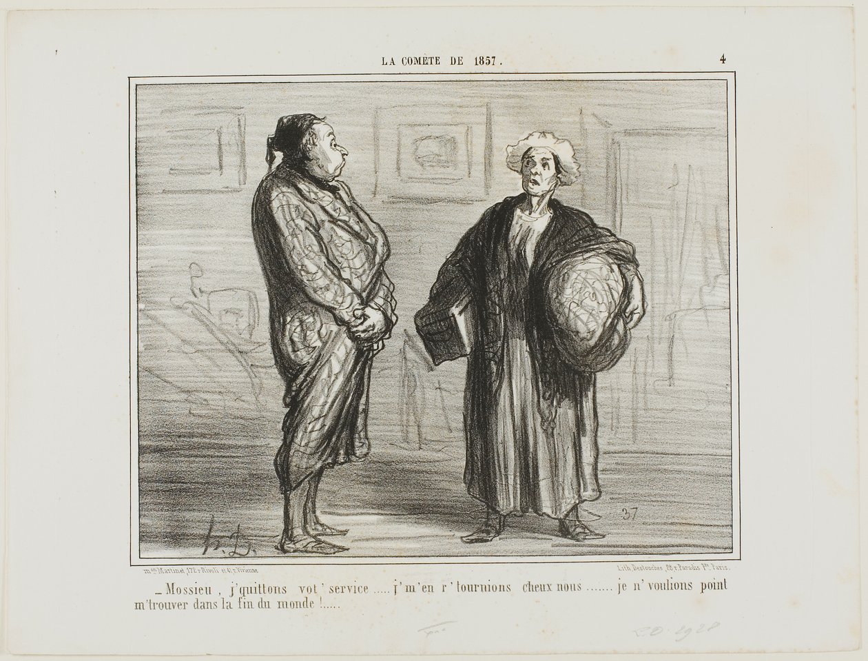 "- Monsieur, je quitte votre service, je rentre chez moi... Je ne veux pas être ici à la fin du monde", planche 4 de La Comète De 1857 - Honoré Victorin Daumier