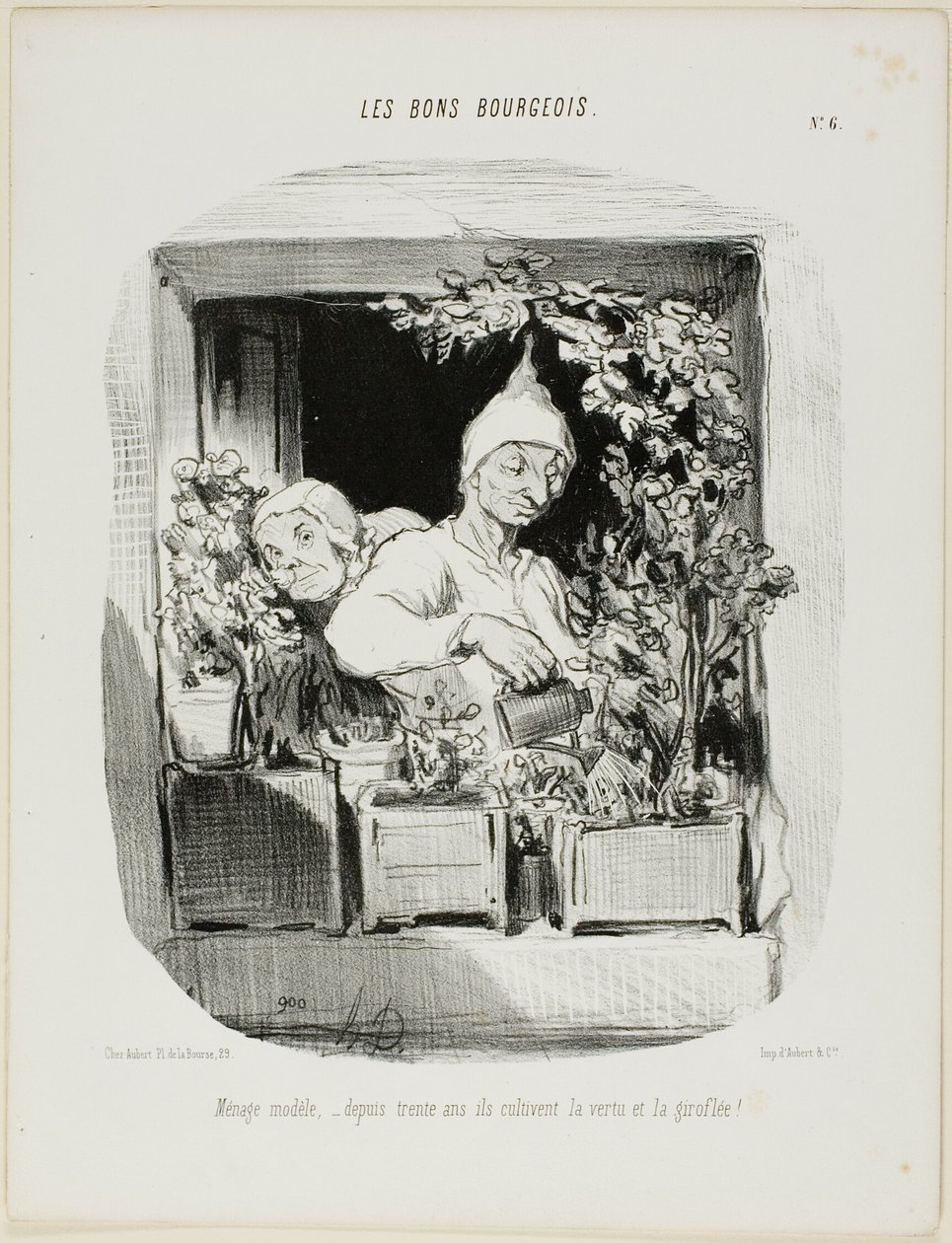 Un mariage modèle : Pendant trente ans, ils ont cultivé la vertu et les œillets, planche six des Bons Bourgeois - Honoré Victorin Daumier