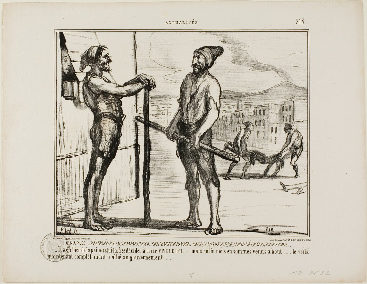 Il Naples. - La Commission des Bastonnades pendant son travail délicat. "- Il a fallu un certain temps pour convaincre celui-ci de crier : "VIVE LE ROI !"... mais finalement nous avons touché le fond... et maintenant il est complètement en faveur du gouver - Honoré Victorin Daumier