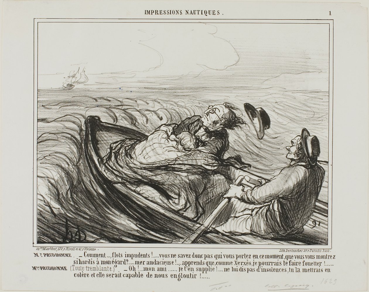 M. Prudhomme : "- Odieuses vagues.... ne savez-vous pas qui vous portez en ce moment ... oh audacieux... sachez que je vais, comme Xerxès, vous fouetter terriblement". Mme Prudhomme : (frissonnant de peur) "- Je vous en prie, mon cher ami, n