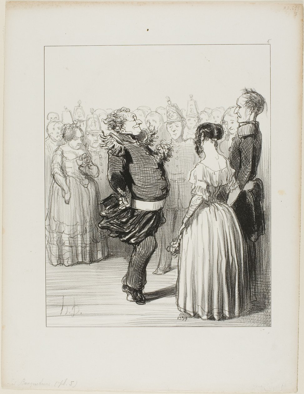 Rifolard ouvre le ballon et exécute un audacieux pas de danse en avant, qui reçoit de nombreux éloges, plaque 5 des Banqueteurs - Honoré Victorin Daumier