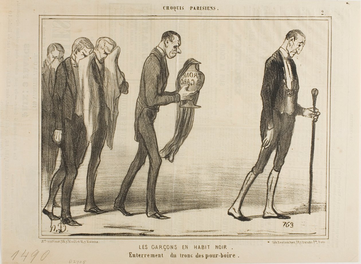 Le serveur en costume noir. Funérailles de la boîte à pourboires, planche 2 des Croquis Parisiens - Honoré Victorin Daumier