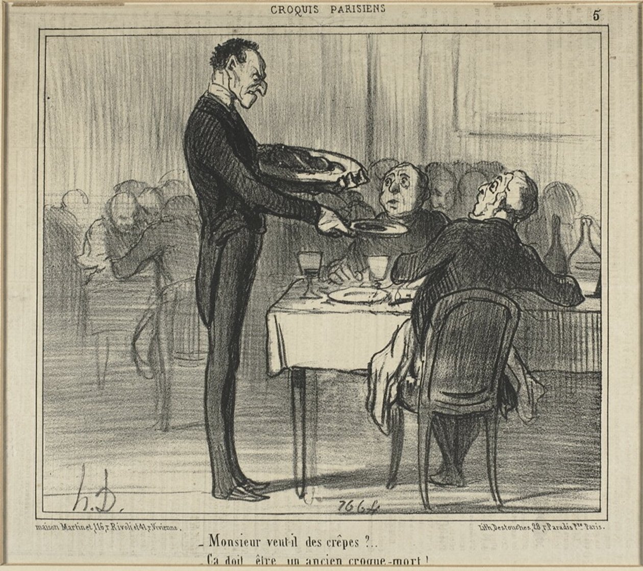 "Monsieur voudrait-il des crêpes  - Il devait être croque-mort", planche 5 des Croquis Parisiens. - Honoré Victorin Daumier