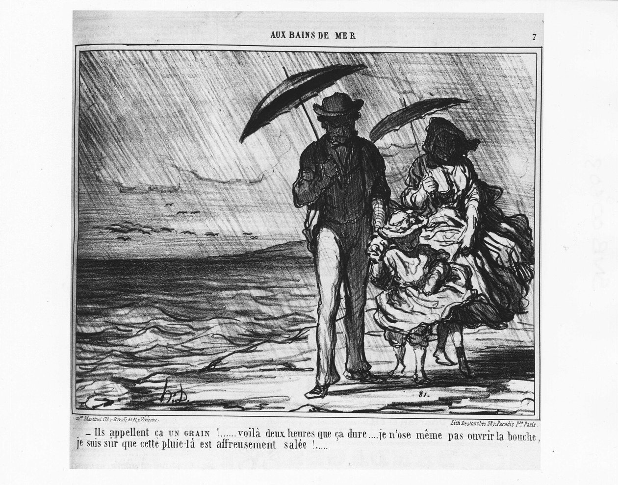 Aux bains de mer: Parisiens au bord de la mer sous une pluie battante - par Daumier, dans "Charivari" du 19/09/1859. - Honoré Daumier