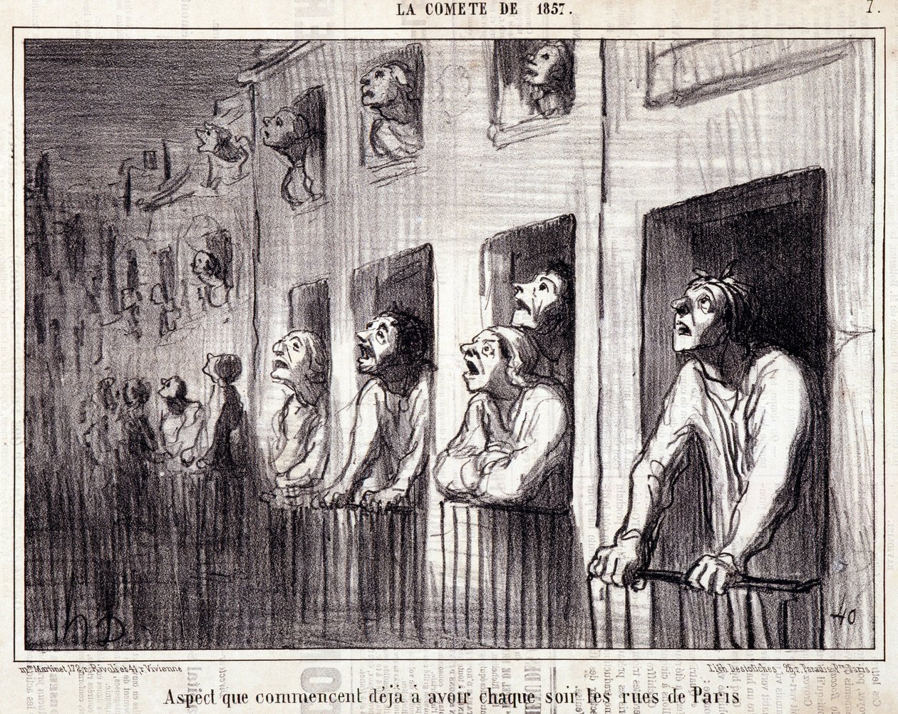 Caricature sur la science. Série sur « La Comète de 1857 » : « Aspect que commencent à avoir chaque nuit les rues de Paris ». Gravure par Honoré Daumier (1808-1879). Extrait du journal « Le Charivari ». - Honoré Daumier