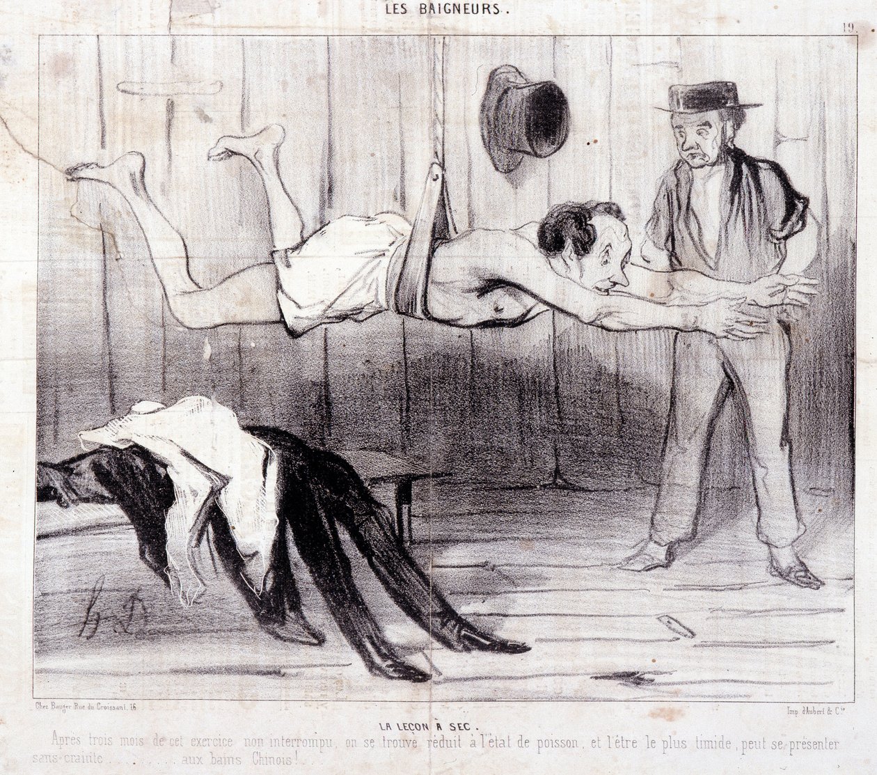 Caricature sur les touristes en vacances. Série « Les Baigneurs » : « La leçon à sec ». Gravure par Honoré Daumier (1808-1879). Extrait du journal « Le Charivari ». - Honoré Daumier