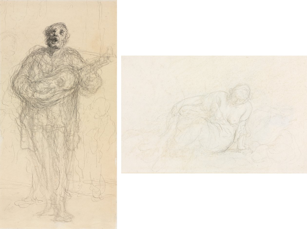 Guitariste chantant (recto); Femme allongée appuyée sur son bras (verso) - Honoré Daumier