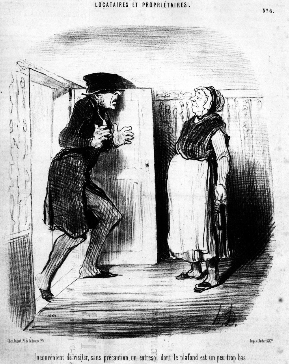 Incommode de visiter, sans précaution, un entresol dont le plafond est un peu trop bas, tiré de Locataires et Propriétaires, série de caricatures par Honoré Daumier (1808-1879). Charivari - Honoré Daumier
